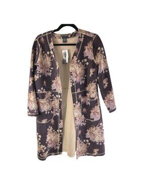 Chelsea & Theodore Womens Jacket Faux Suede Open Front Floral Brown Size M